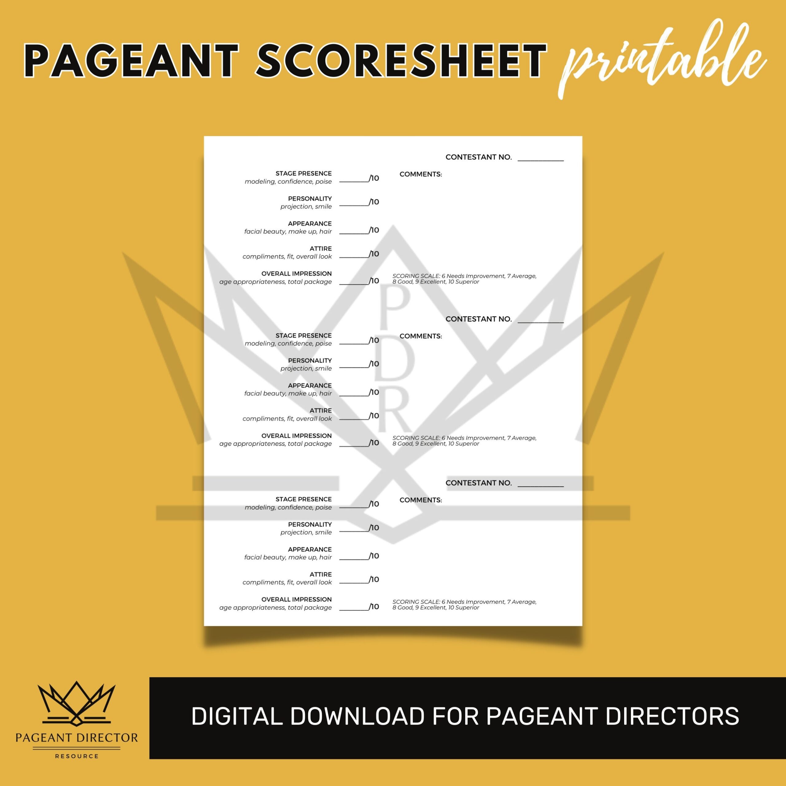 Basic Pageant Scoresheet Pageant Director Resource Digital 
