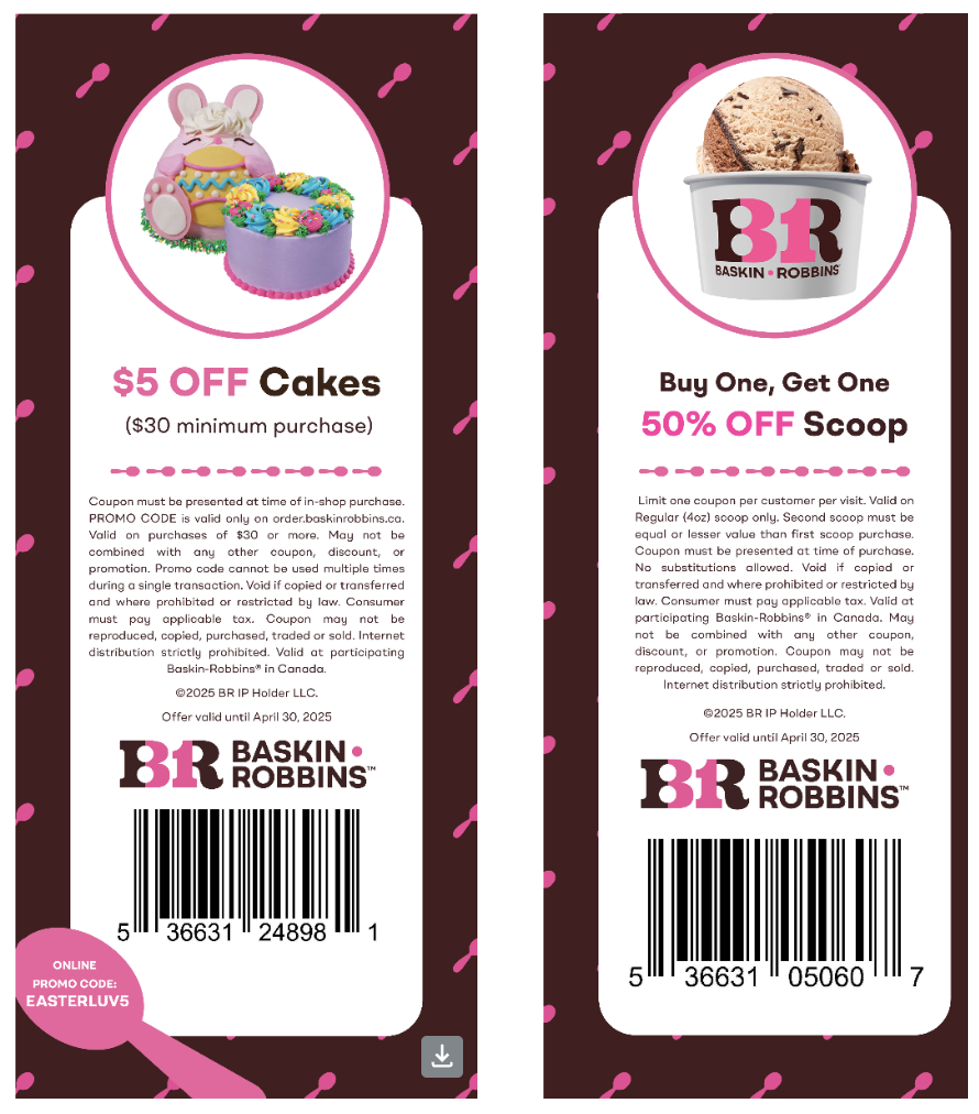 Baskin Robbins Canada New Coupons BOGO 50 Off Scoops 5 Off 