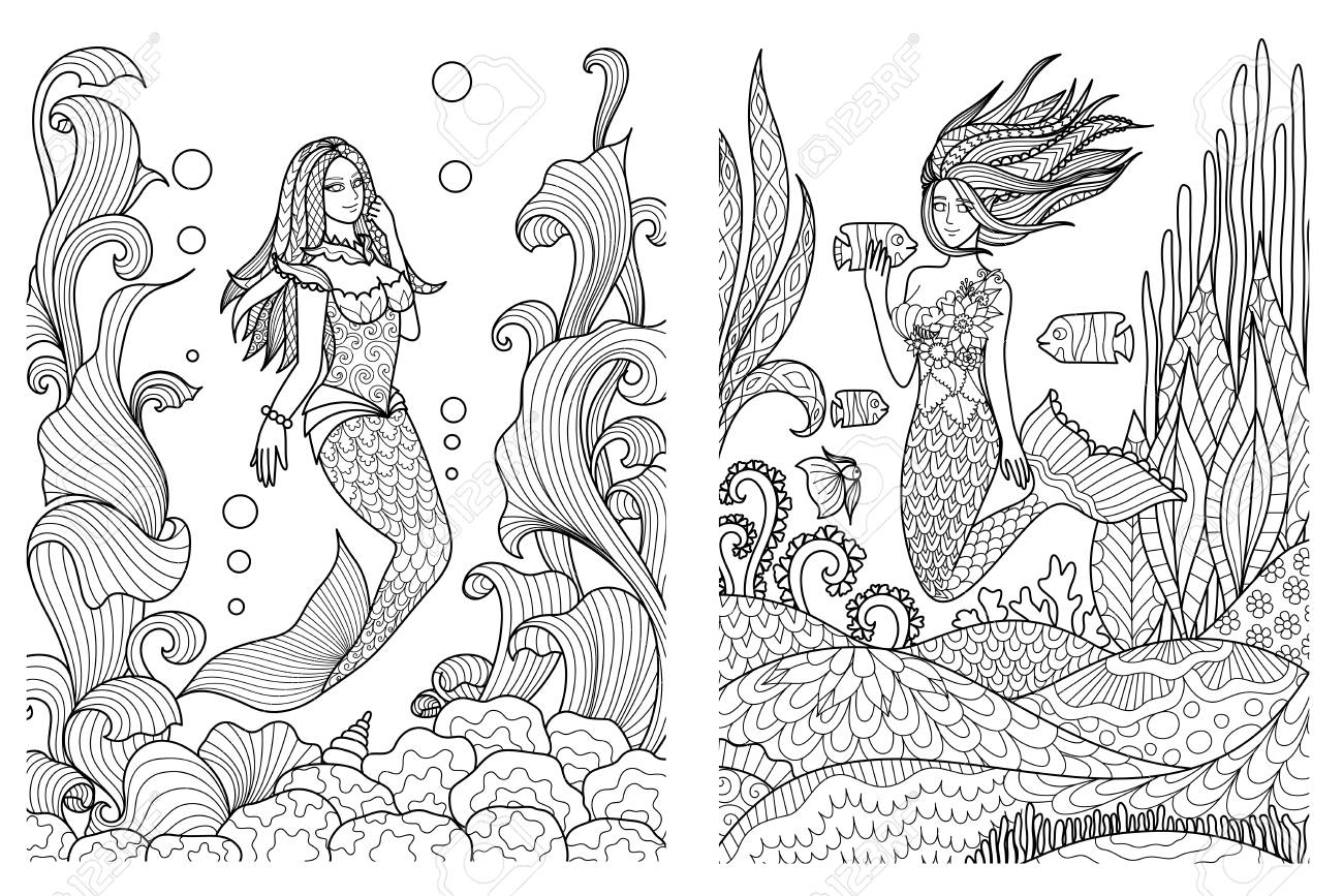 Beautiful Mermaids Swimming Under The Sea Setfor Adult Coloring Book Coloring Pages Coloring Pictures Vector Illustration Royalty Free SVG Cliparts Vectors And Stock Illustration Image 114502619 