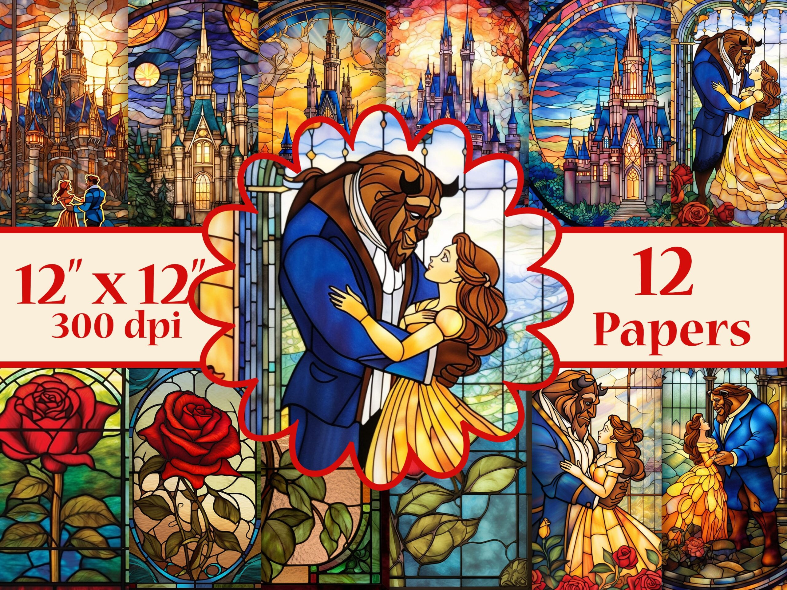 Beauty And The Beast Papers stained Glass Digital Papers stained 