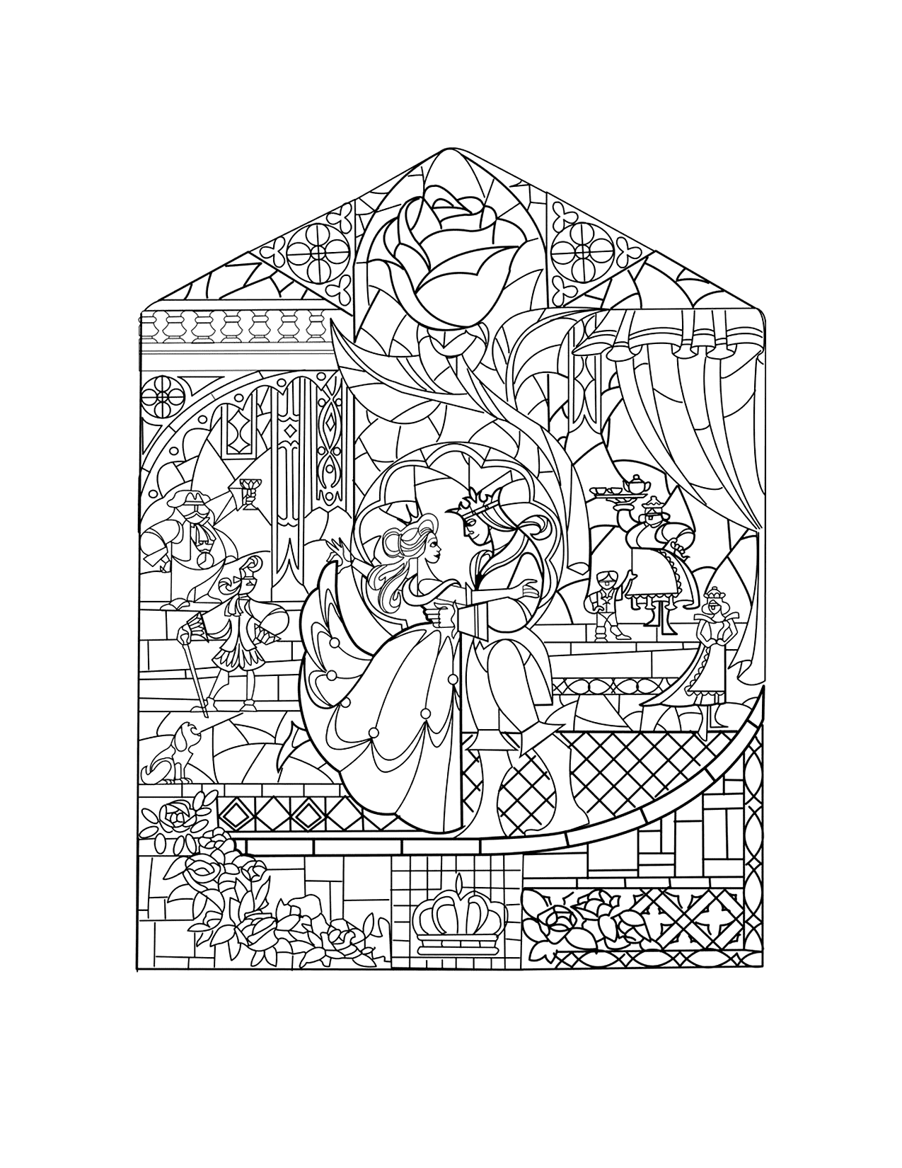 Beauty And The Beast Stained Glass Coloring Page Printable 