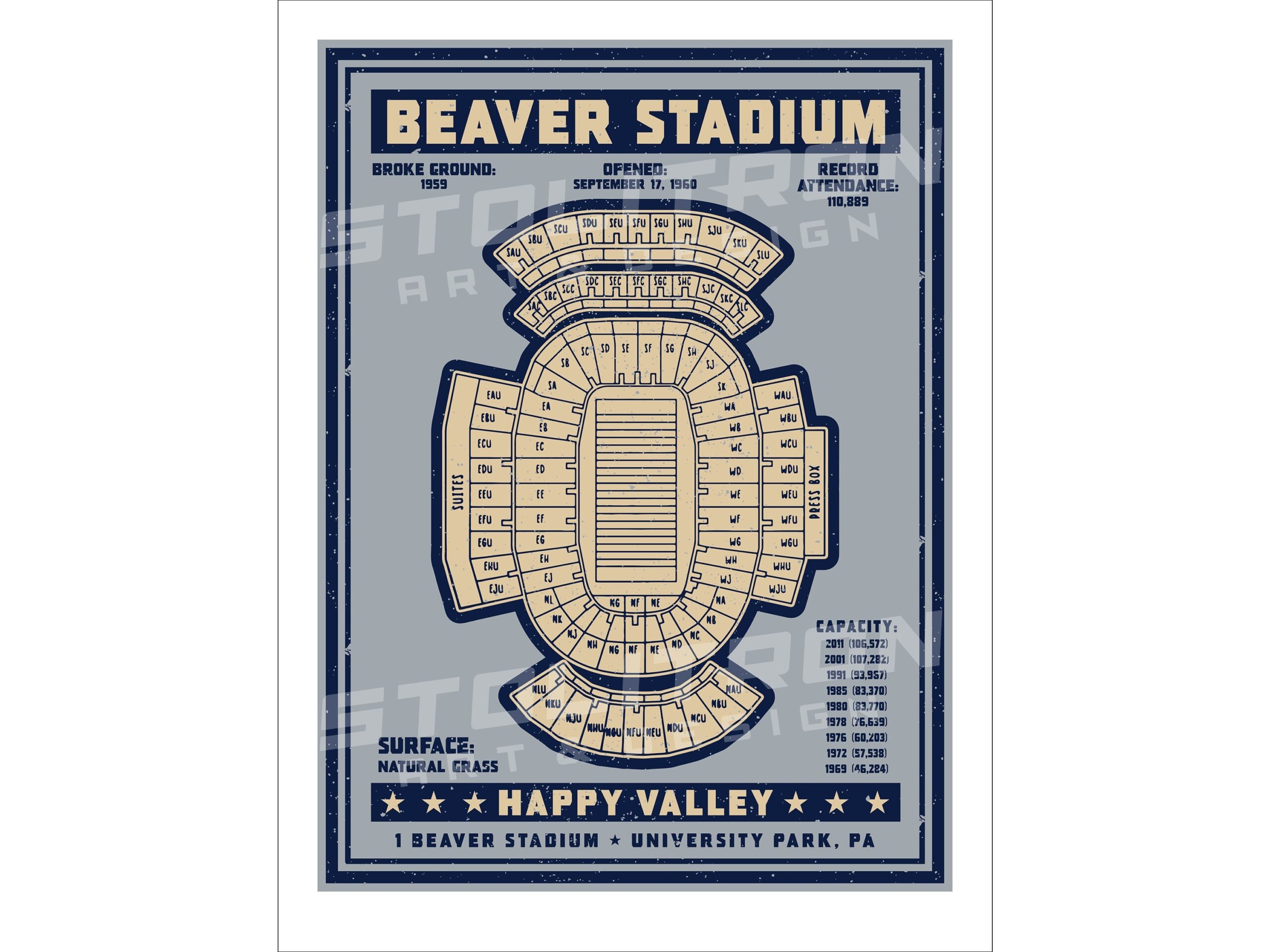 BEAVER STADIUM Seating Chart Diagram Poster Wall Art Print 12x18 18x24 24x36 Inches State College Pennsylvania Happy Valley Football Etsy