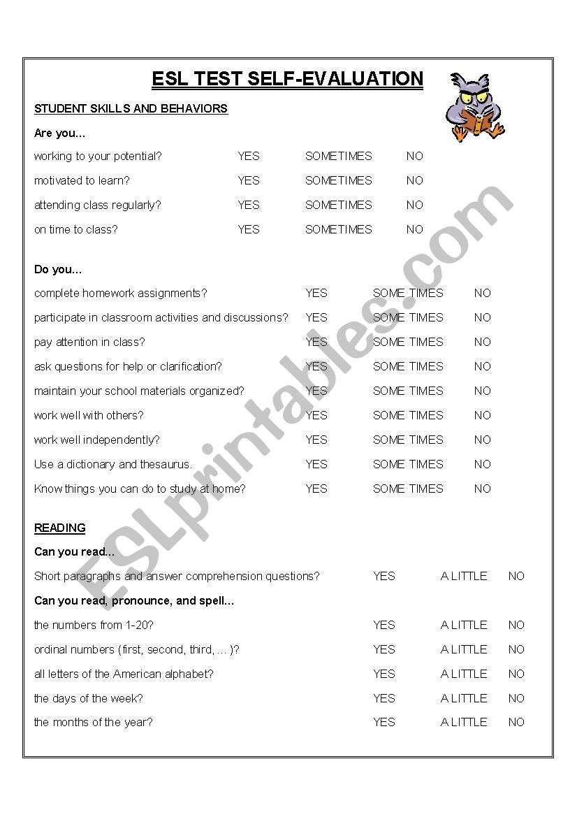 Beginner Level ESL Test Self Evaluation ESL Worksheet By Clov90