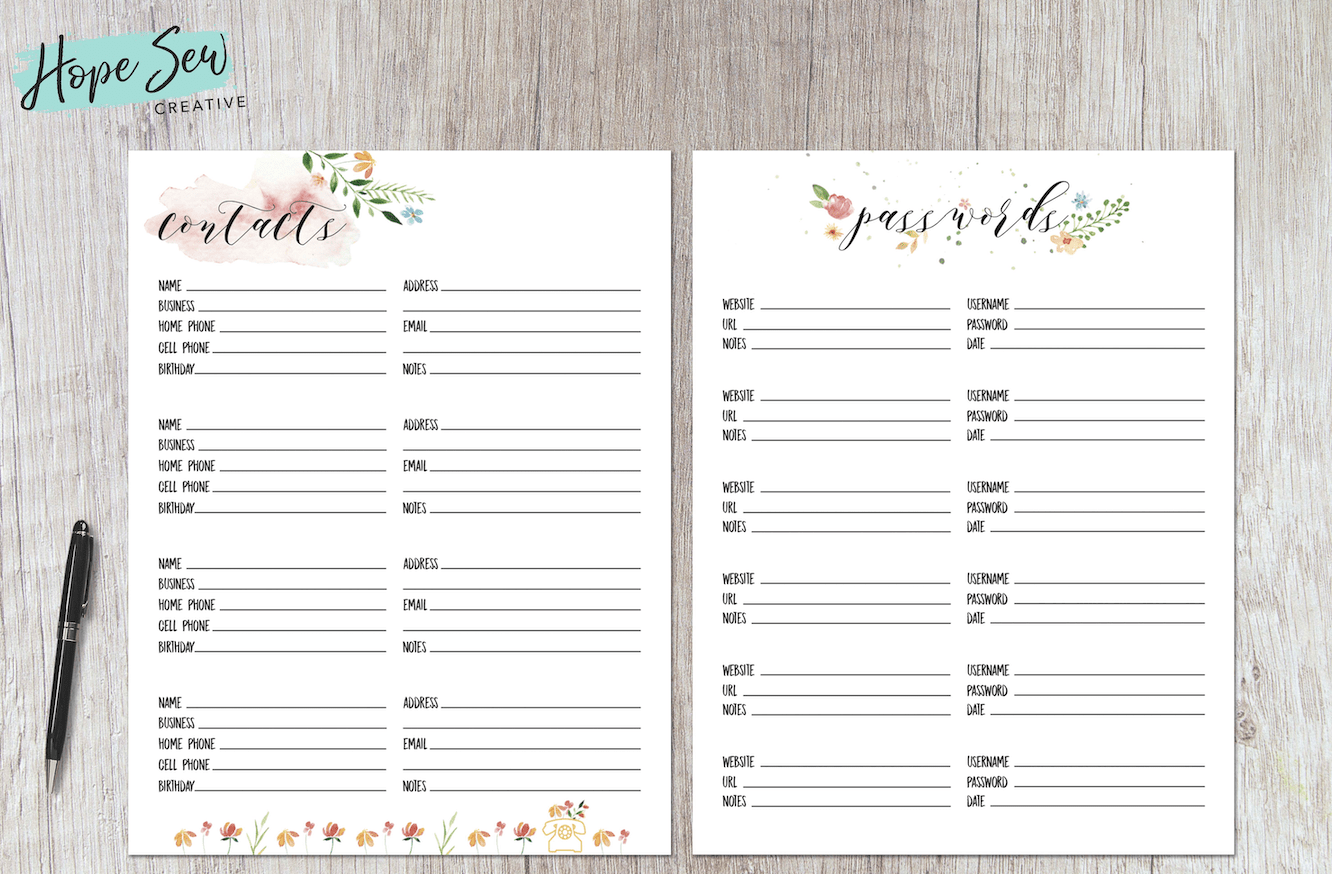 Big Happy Planner Contacts U0026 Passwords 2 Page Printable Hope Yoder