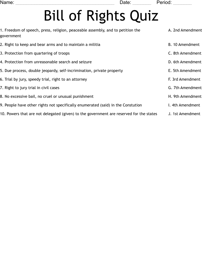 Bill Of Rights Quiz Worksheet WordMint