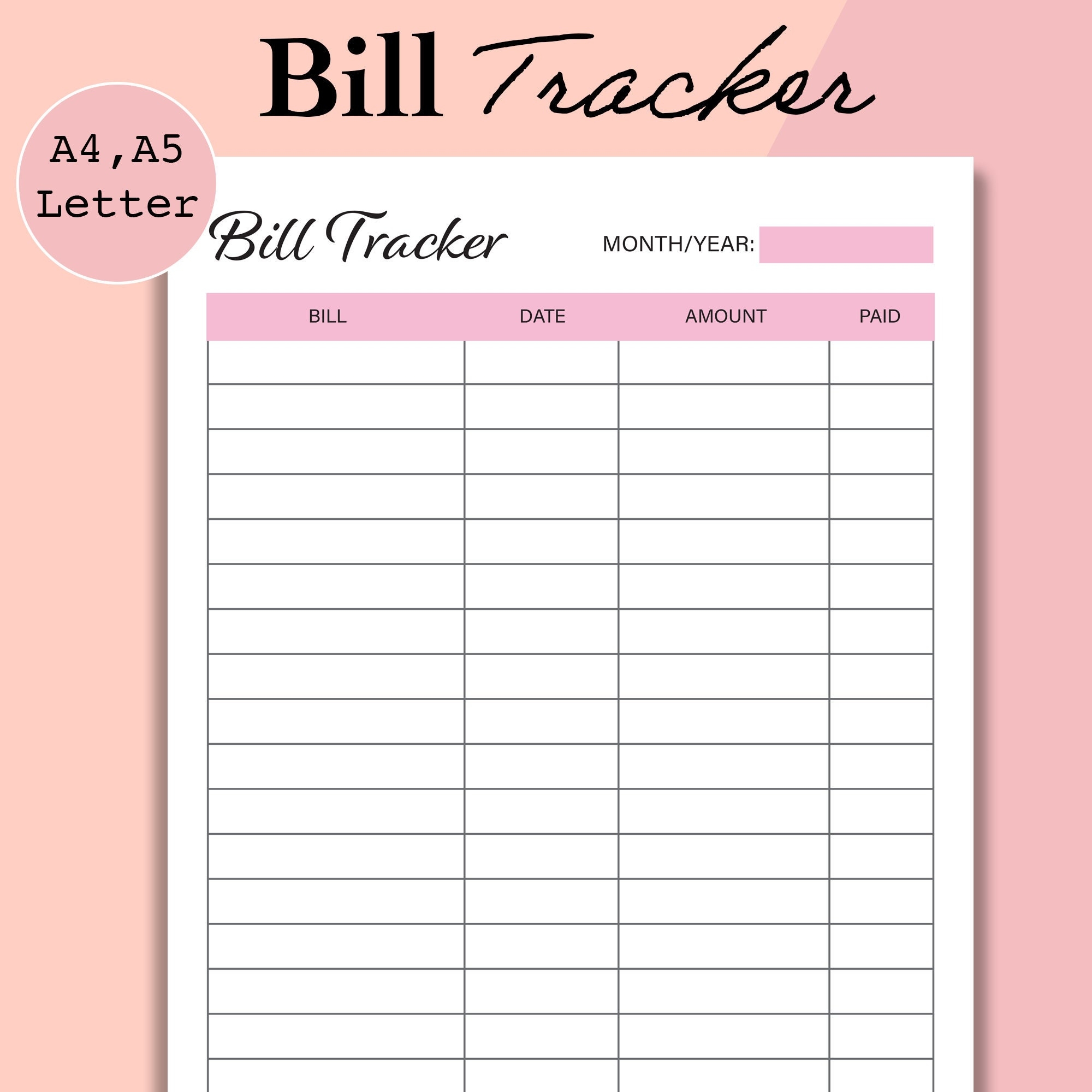 Bill Tracker Printable Monthly Bill Organizer A4 A5 Letter 