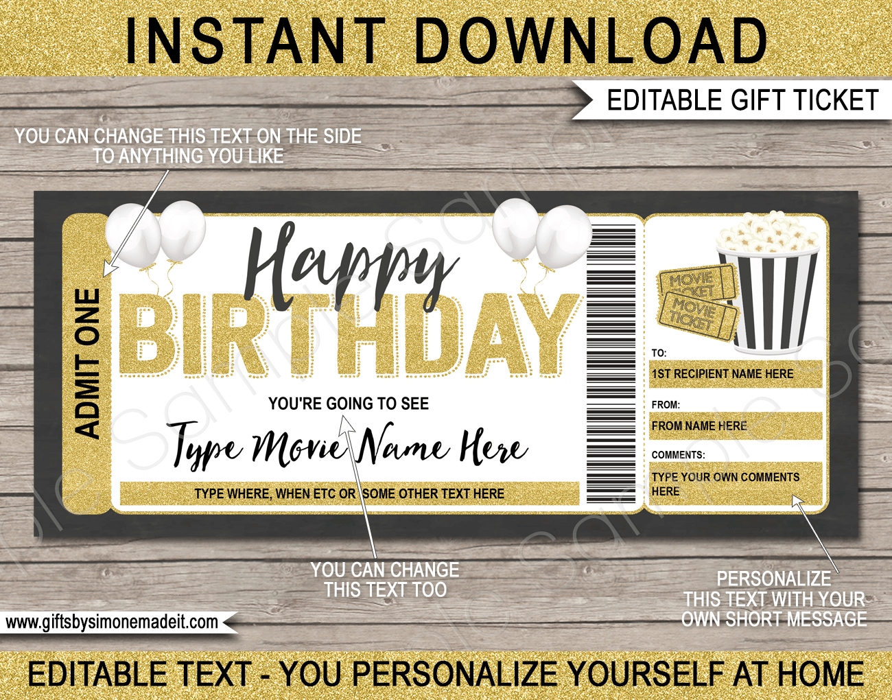 Birthday Movie Ticket Template Printable Gift Voucher Certificate