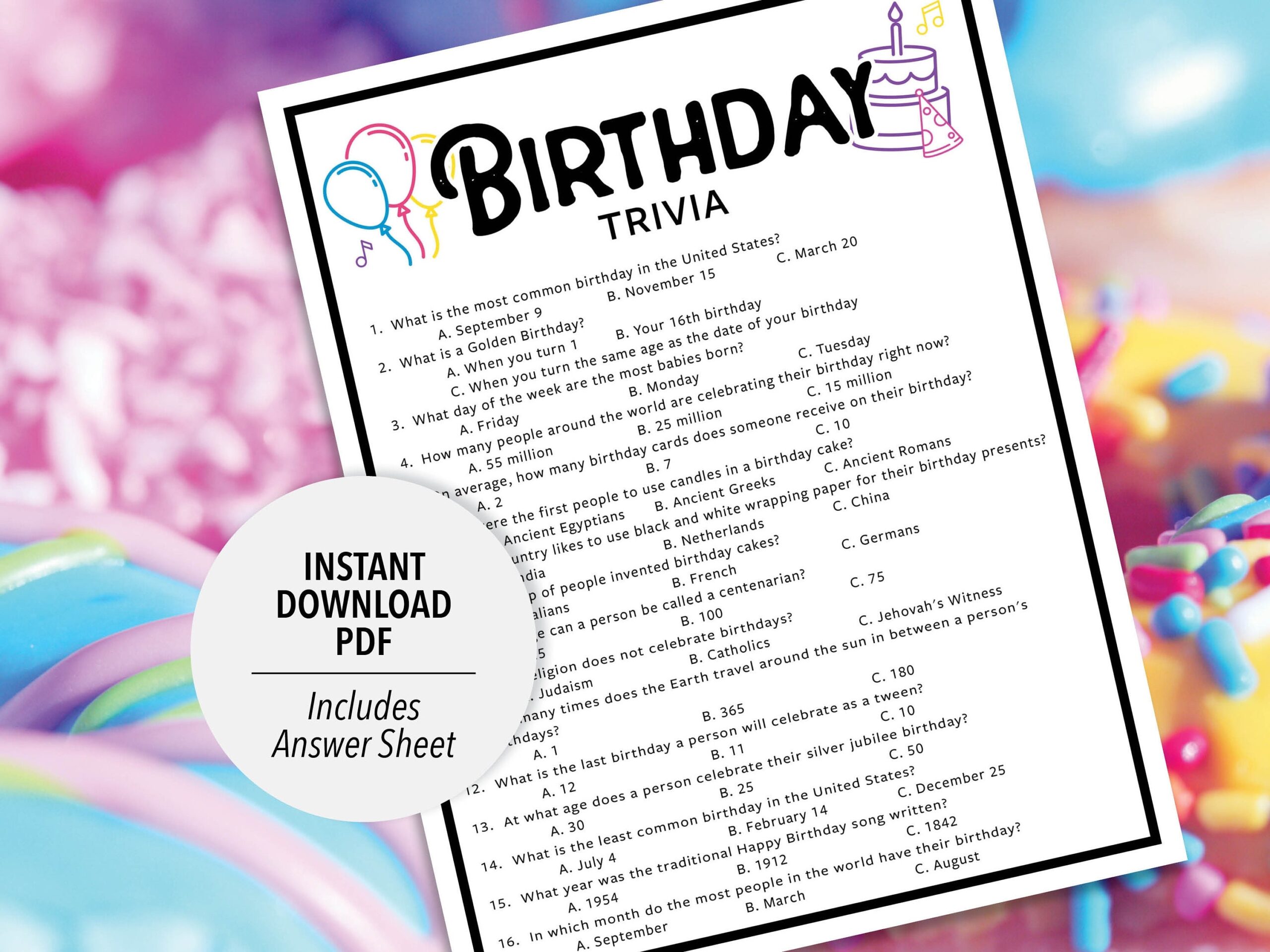 Birthday Trivia Birthday Trivia Game Printable Birthday Trivia Birthday Theme Party Trivia Game Birthday Questions U0026 Answers Etsy