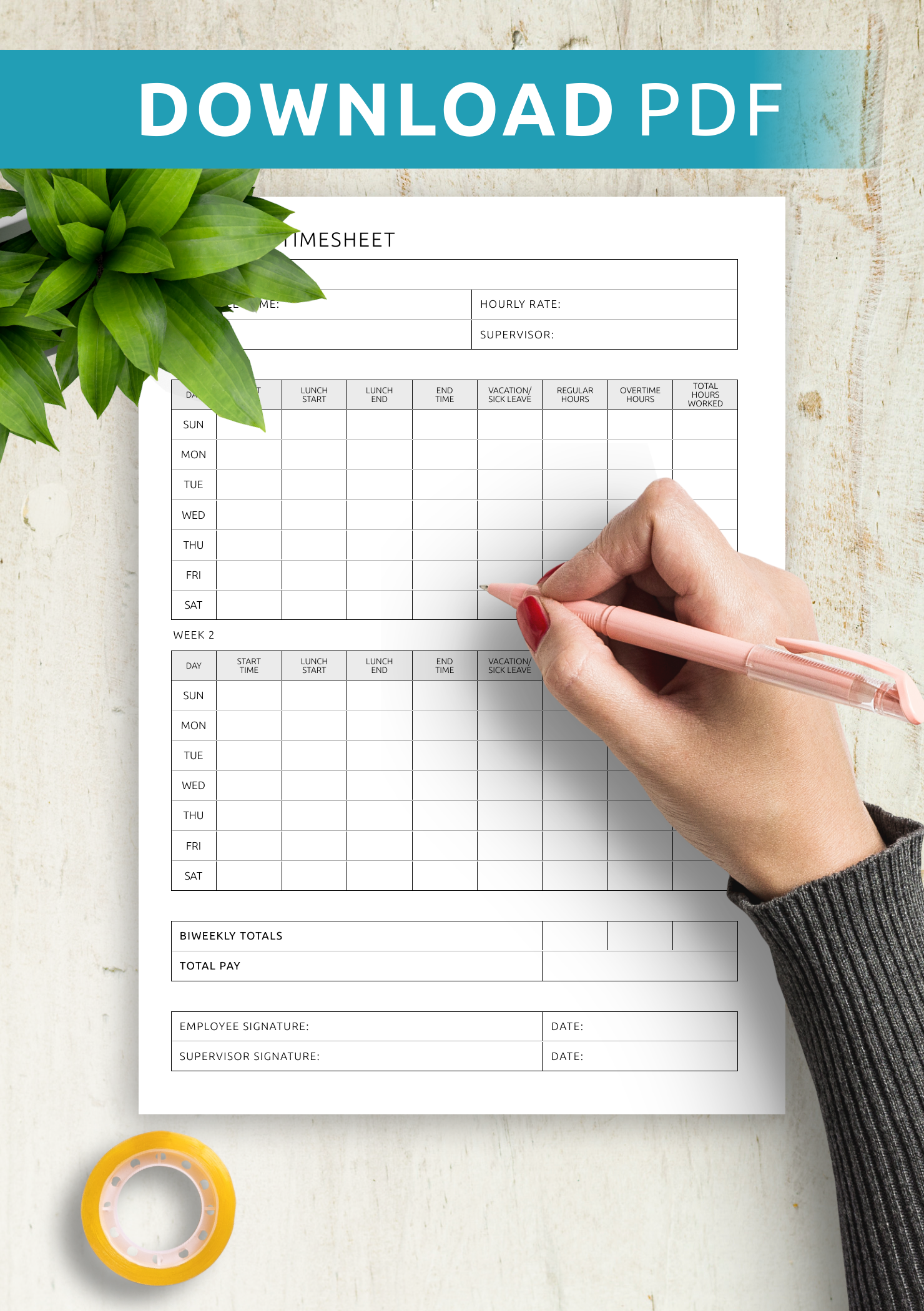 Biweekly Timesheet Template Digital U0026 Printable PDF Format