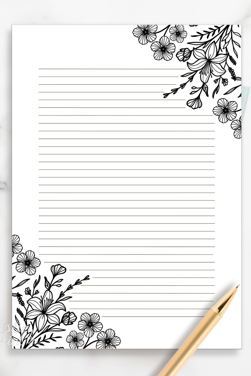 Black And White Floral Lined Paper Printable Stationery Paper 