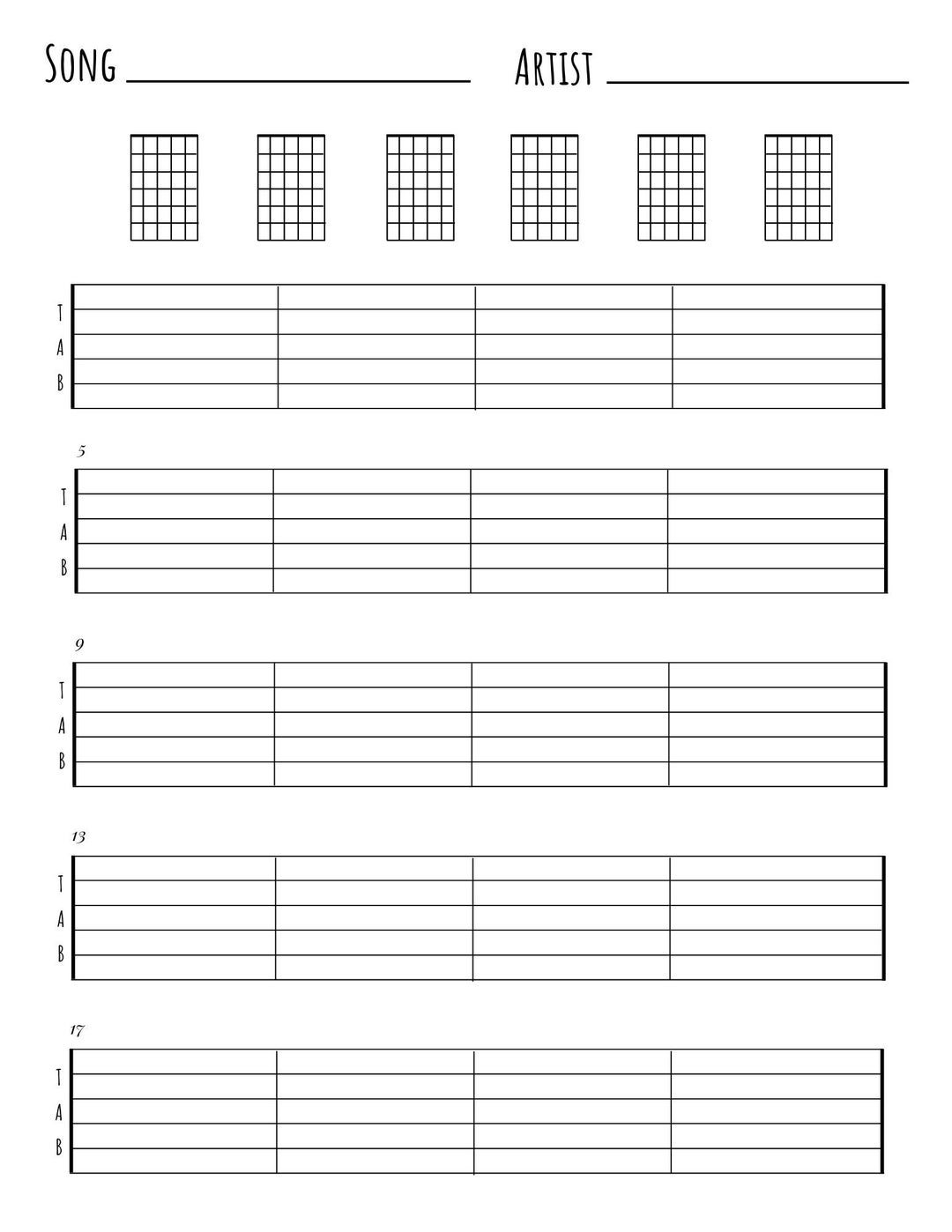 Blank Guitar Tabs U0026 Chords Chart Minimalist Sheet Music instant Download Etsy