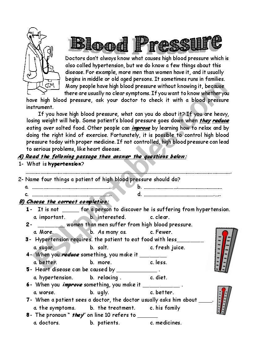 Blood Pressure ESL Worksheet By Mshmsh