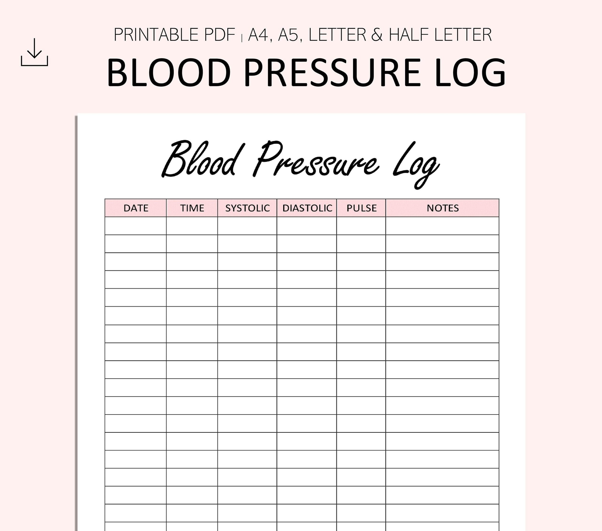 Blood Pressure Log Printable High Blood Pressure Tracker Hypotension Hypertension Heart Rate PDF A4 A5 Letter Half Letter Etsy UK