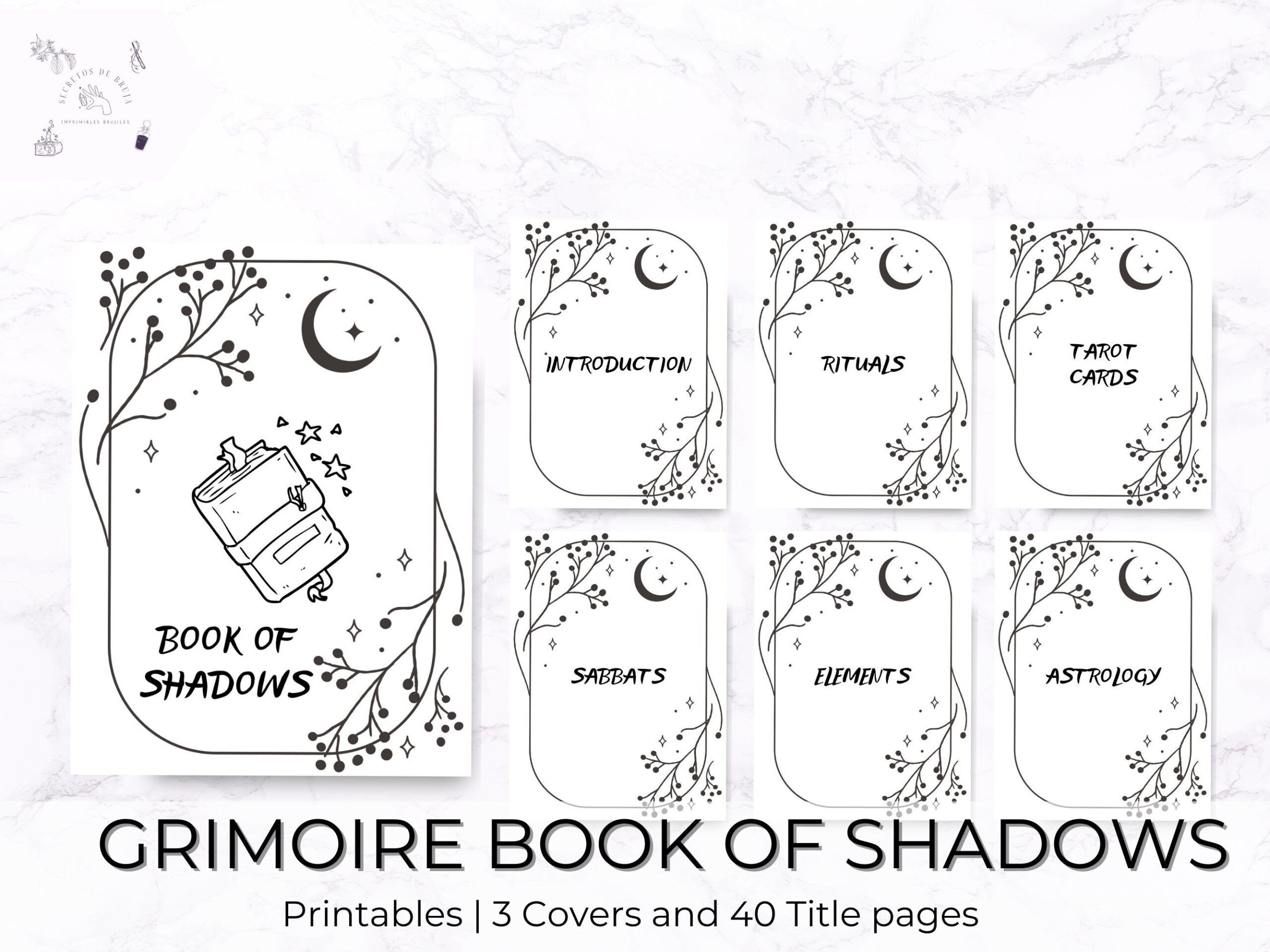 Book Of Shadows Cover And Title Pages Grimoire Cover Printable Grimoire Book Of Shadows Pages Grimoire Pages Witchcraft Printables Etsy
