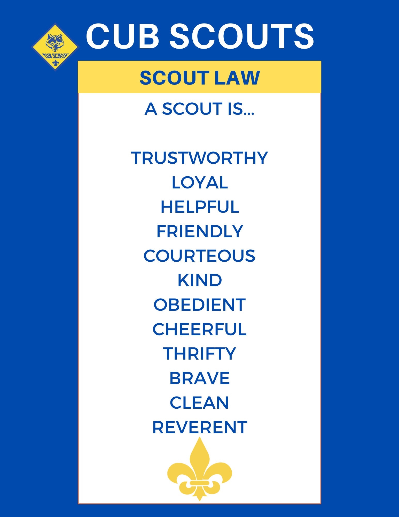 Boy Cub Scout Law Oath Poster SHEETS Digital File Blue Gold Event 