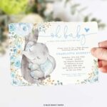 Boy Elephant Baby Shower Invitation Template EDITABLE Blue Floral 