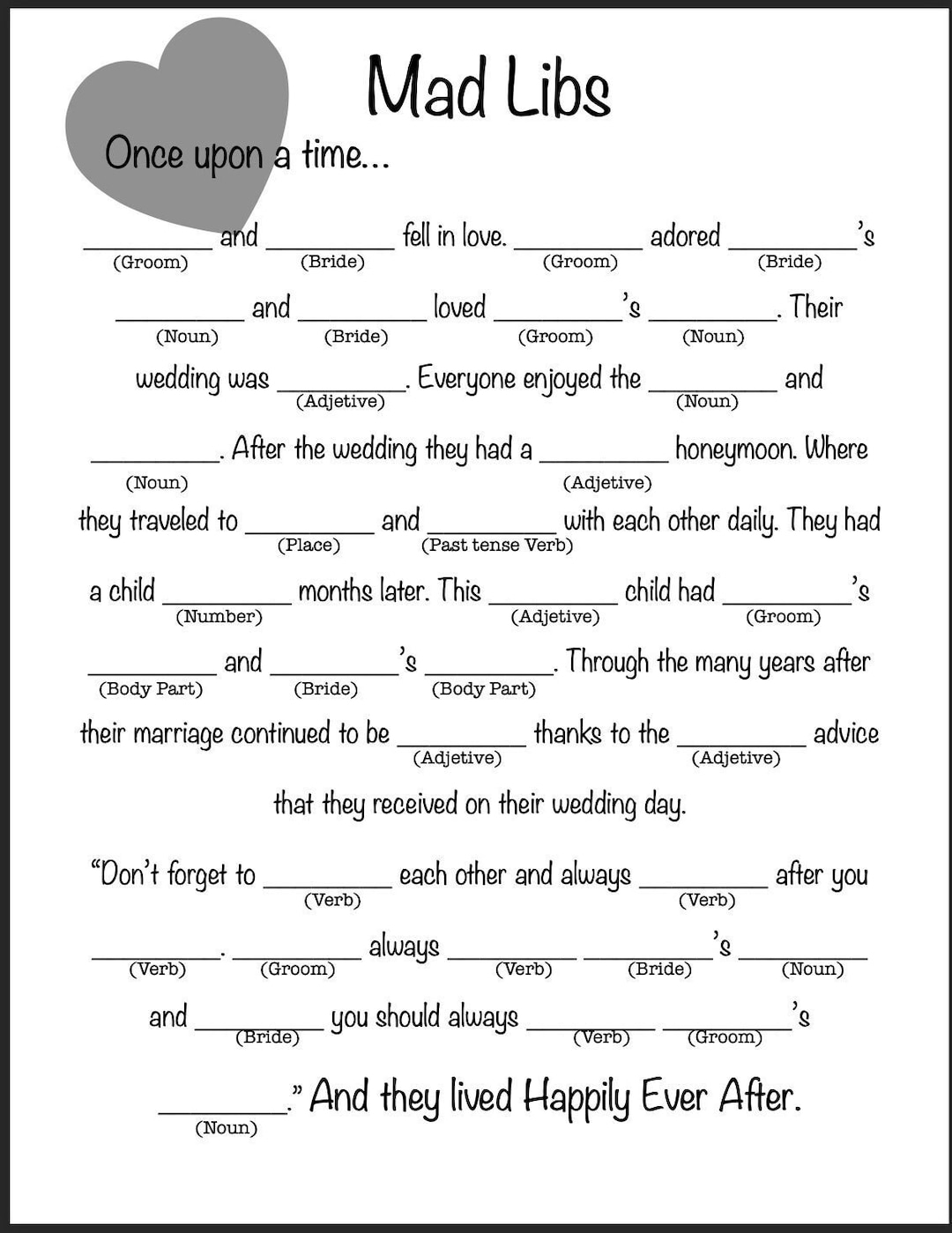 Bridal Shower Mad Libs Game Printable Party Activity digital Download Etsy