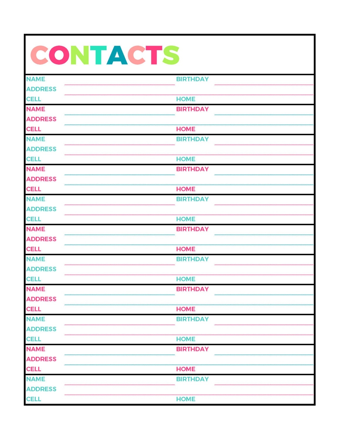 Bright Contacts Address Book Printable Page Letter Size PDF Home Binder Planner Instant Download