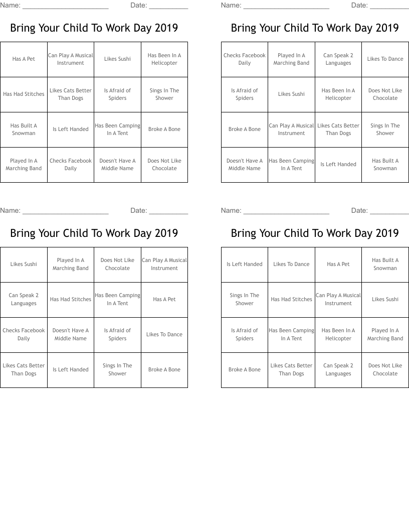 Bring Your Child To Work Day 2019 Bingo Cards WordMint