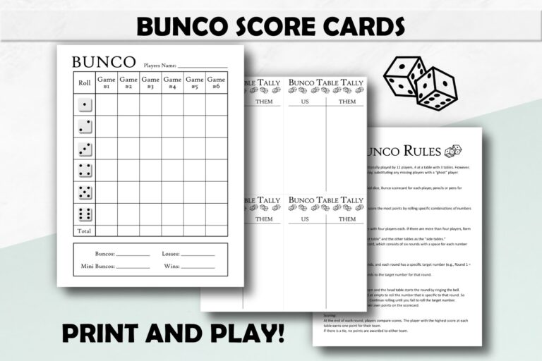 Bunco Score Cards Bunco Tally Sheets Game Night Rules