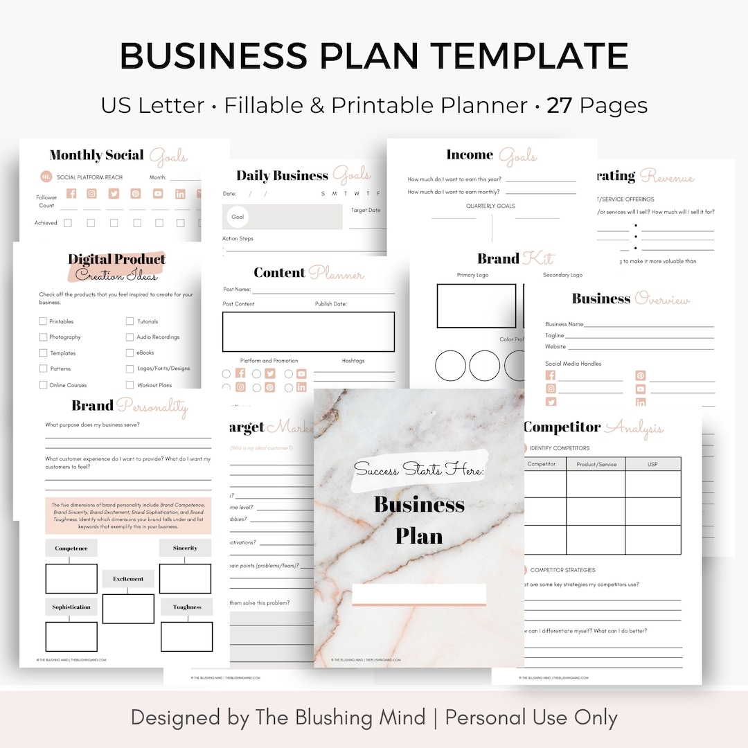 Business Plan Template Printable Fillable PDF Planner 27 Pages Etsy