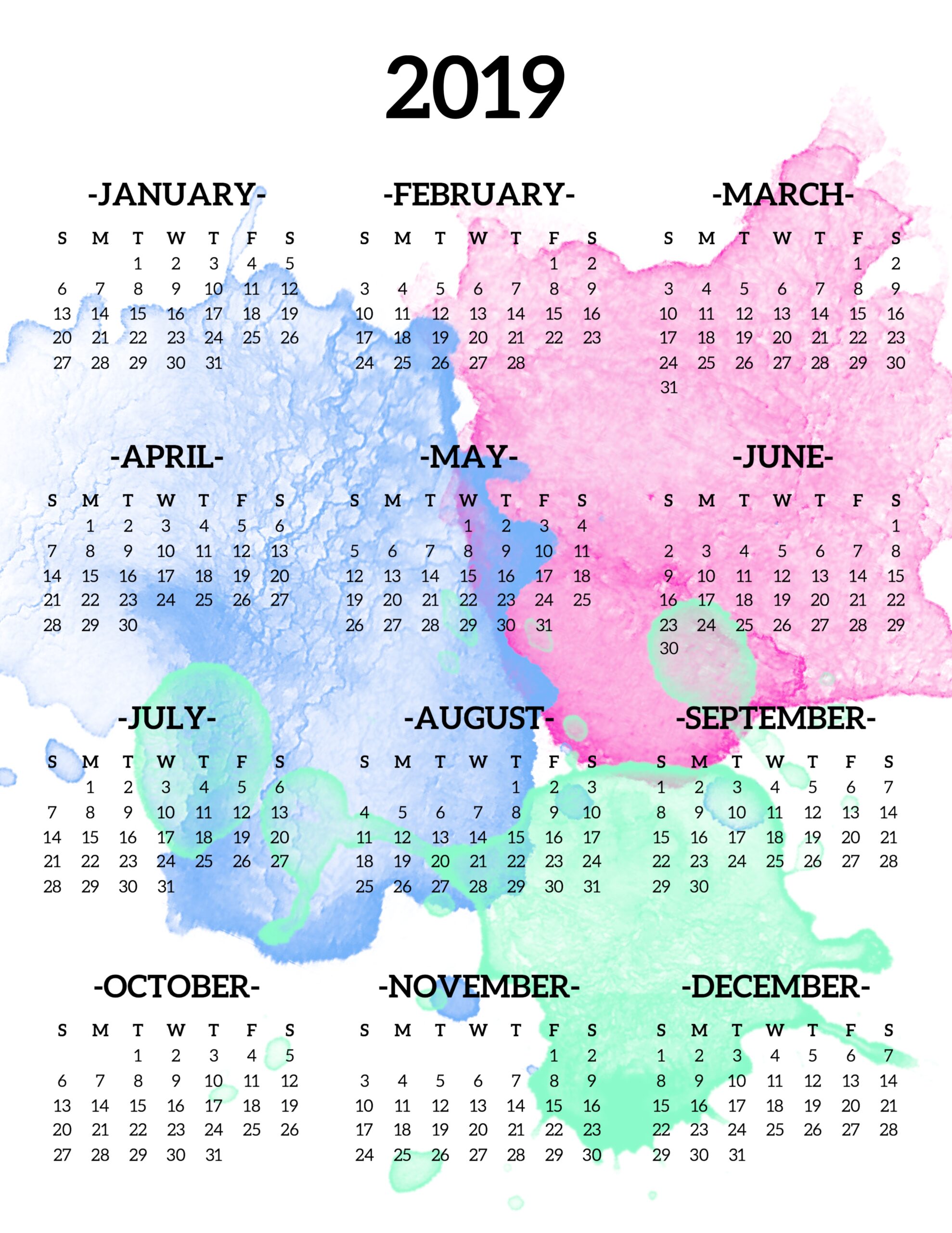 Calendar 2019 Printable One Page Paper Trail Design