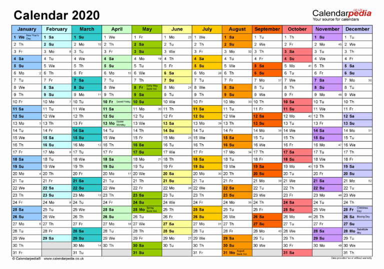 Calendar 2020 UK Free Printable PDF Templates