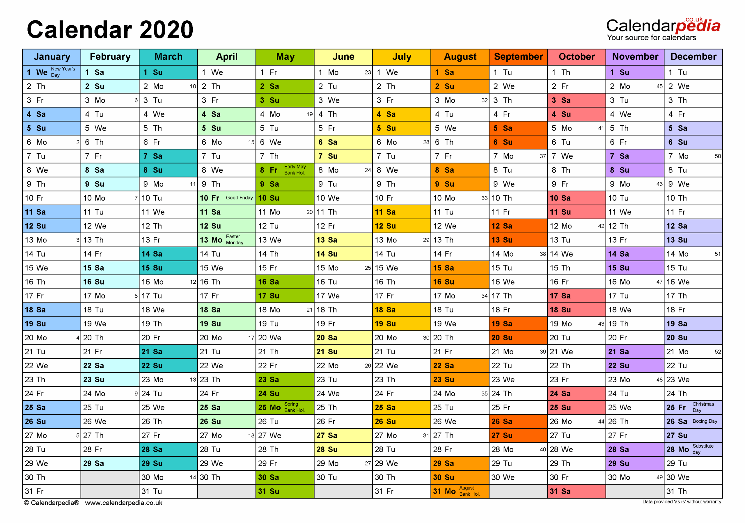Calendar 2020 UK Free Printable PDF Templates