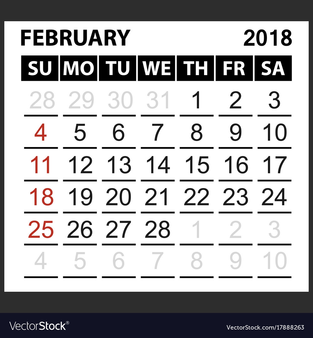 Calendar Sheet February 2018 Royalty Free Vector Image