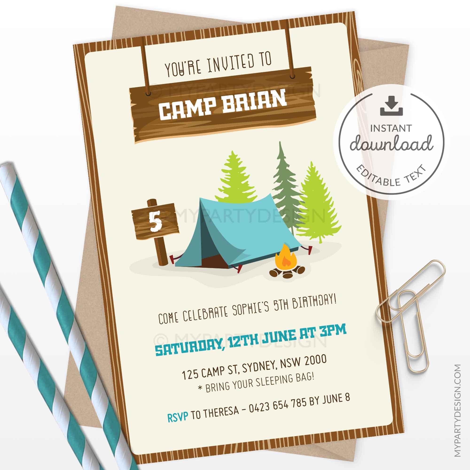 free printable camping birthday party invitations