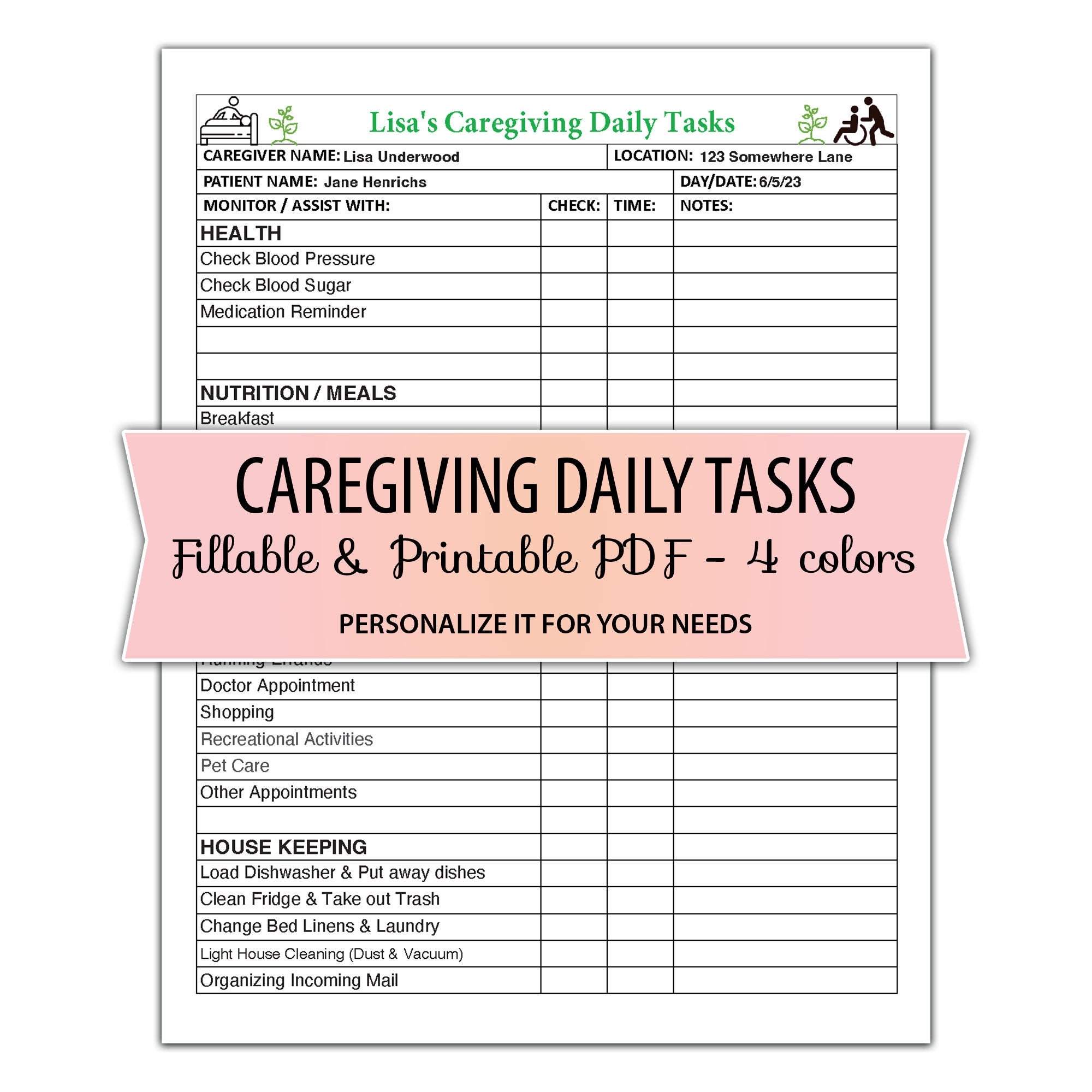 Care Giving Caregiver Daily Tasks Form Fillable U0026 Printable PDF 