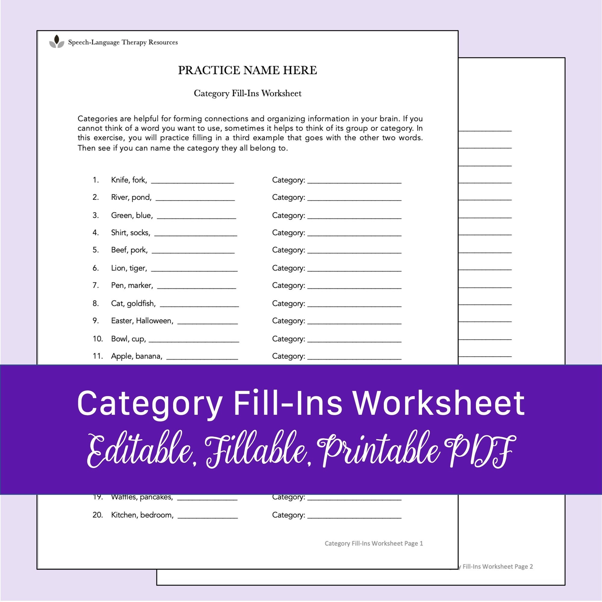 Category Fill ins Worksheet For Aphasia Fillable Printable PDF 