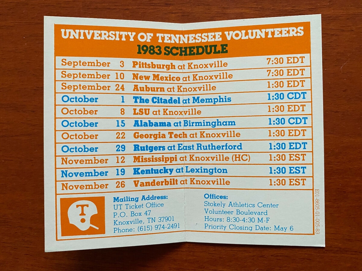 CFB 1983 TENNESSEE VOLUNTEERS VOLS College Football Schedule EBay