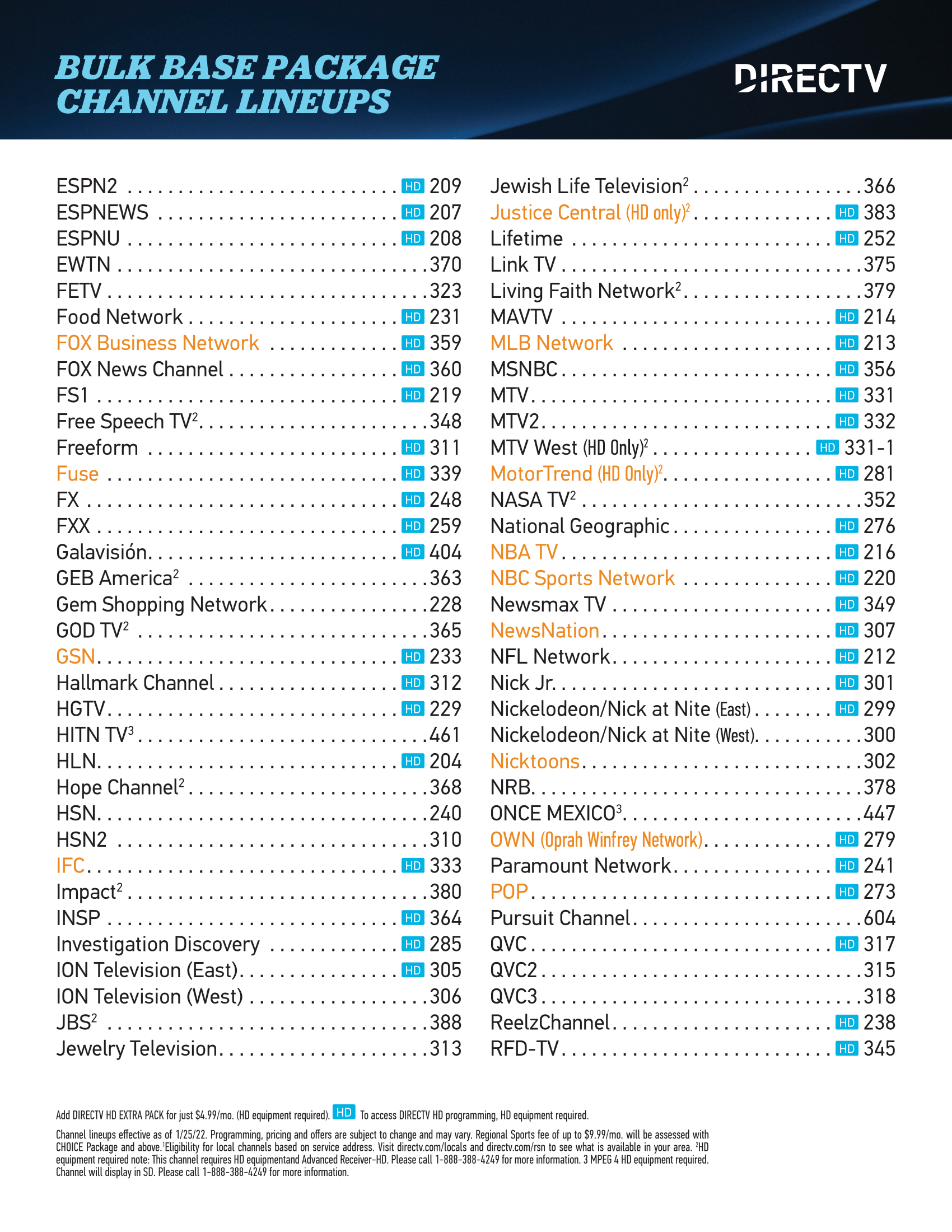directv printable package channels
