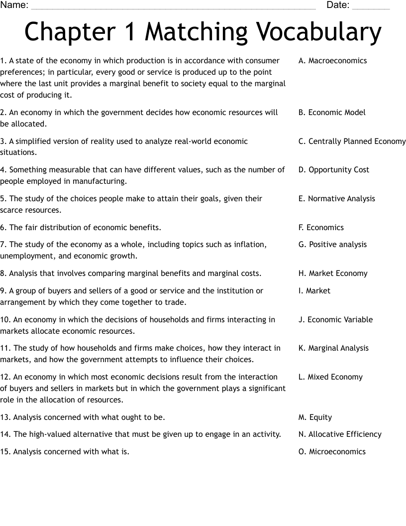 Chapter 1 Matching Vocabulary Worksheet WordMint
