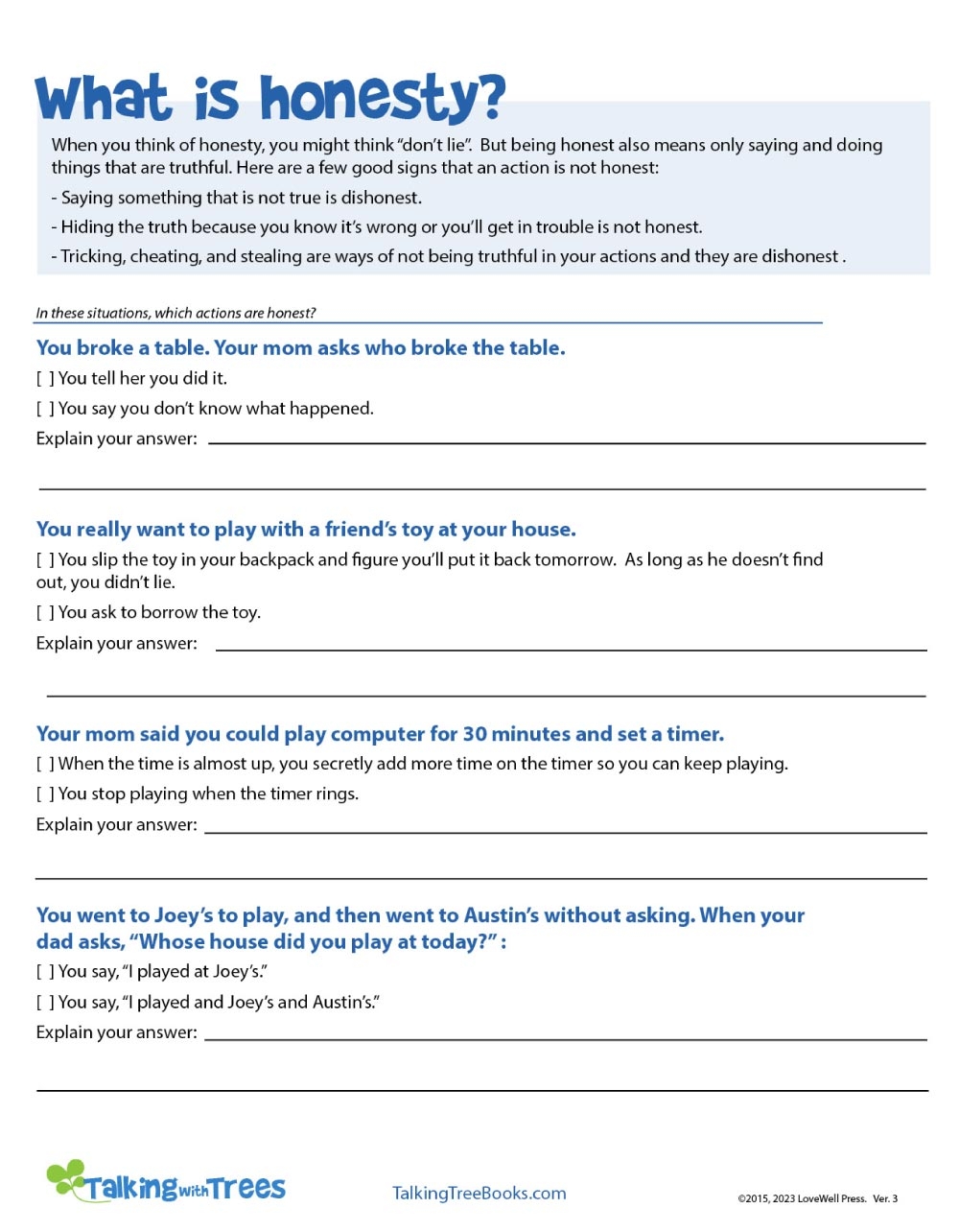 free printable character education worksheets