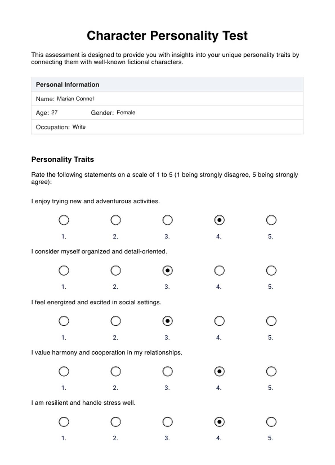 Character Personality Test U0026 Example Free PDF Download