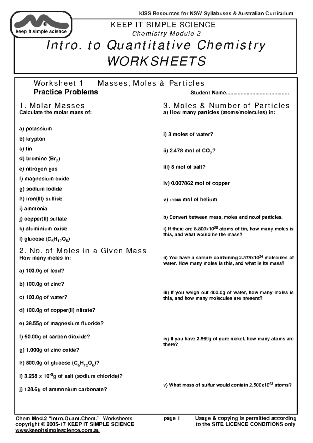 Chem Module 2 Worksheets Page 1 Usage U0026amp Copying Is Permitted According To The Studocu