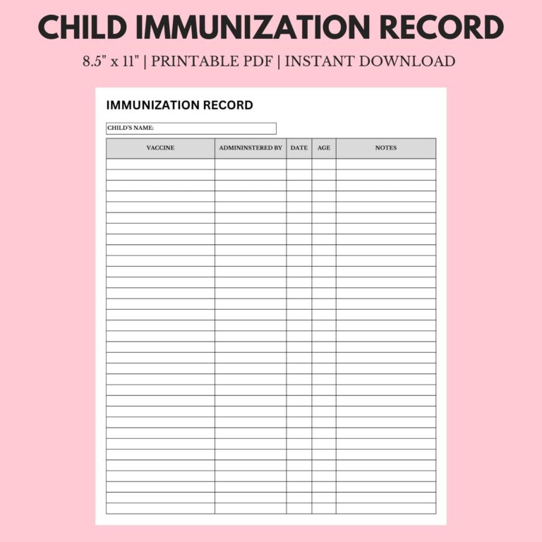 Child Immunization Record 8 5