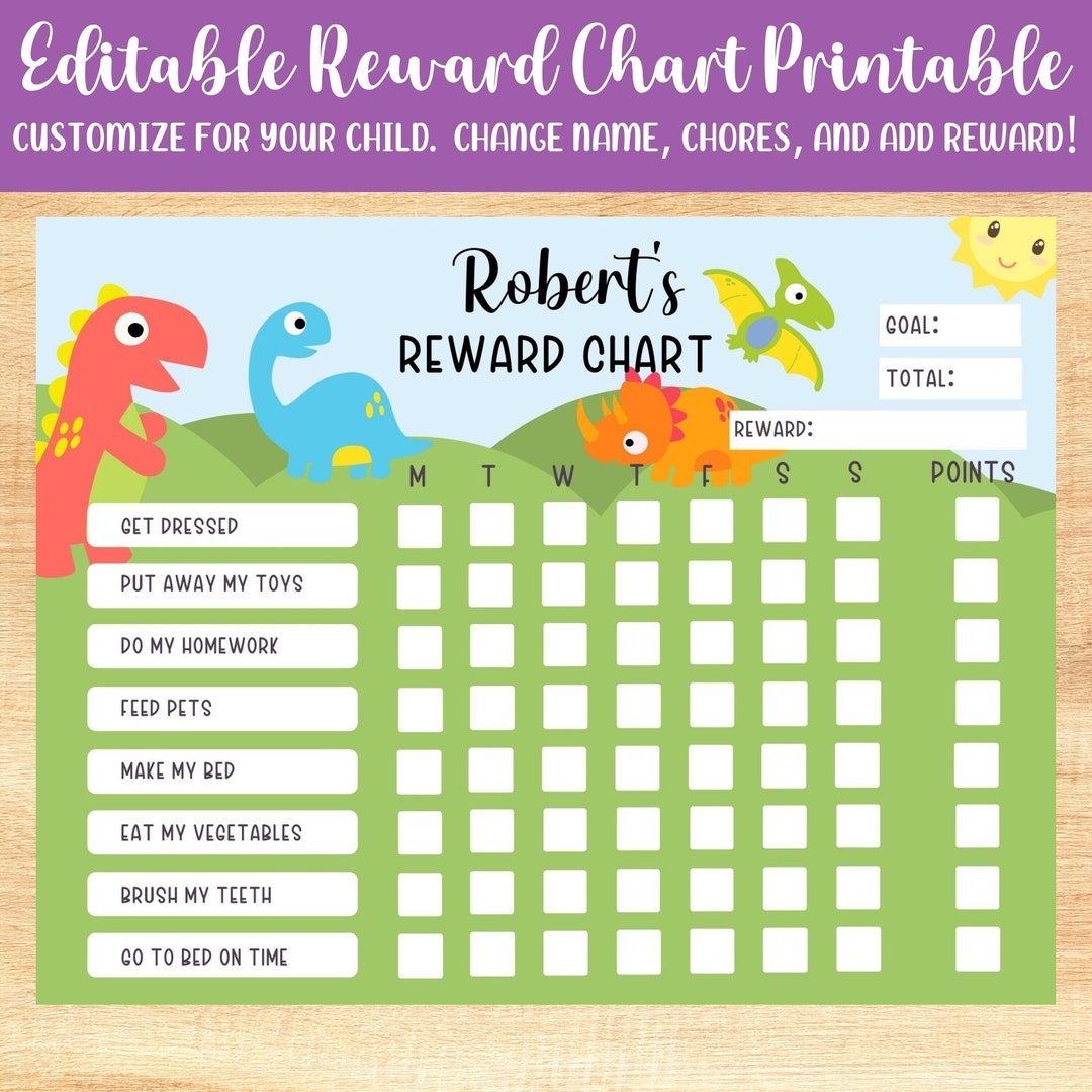 Chore Chart For Kids Printable Dinosaur Reward Behavior Responsibility Chart Editable Template Etsy