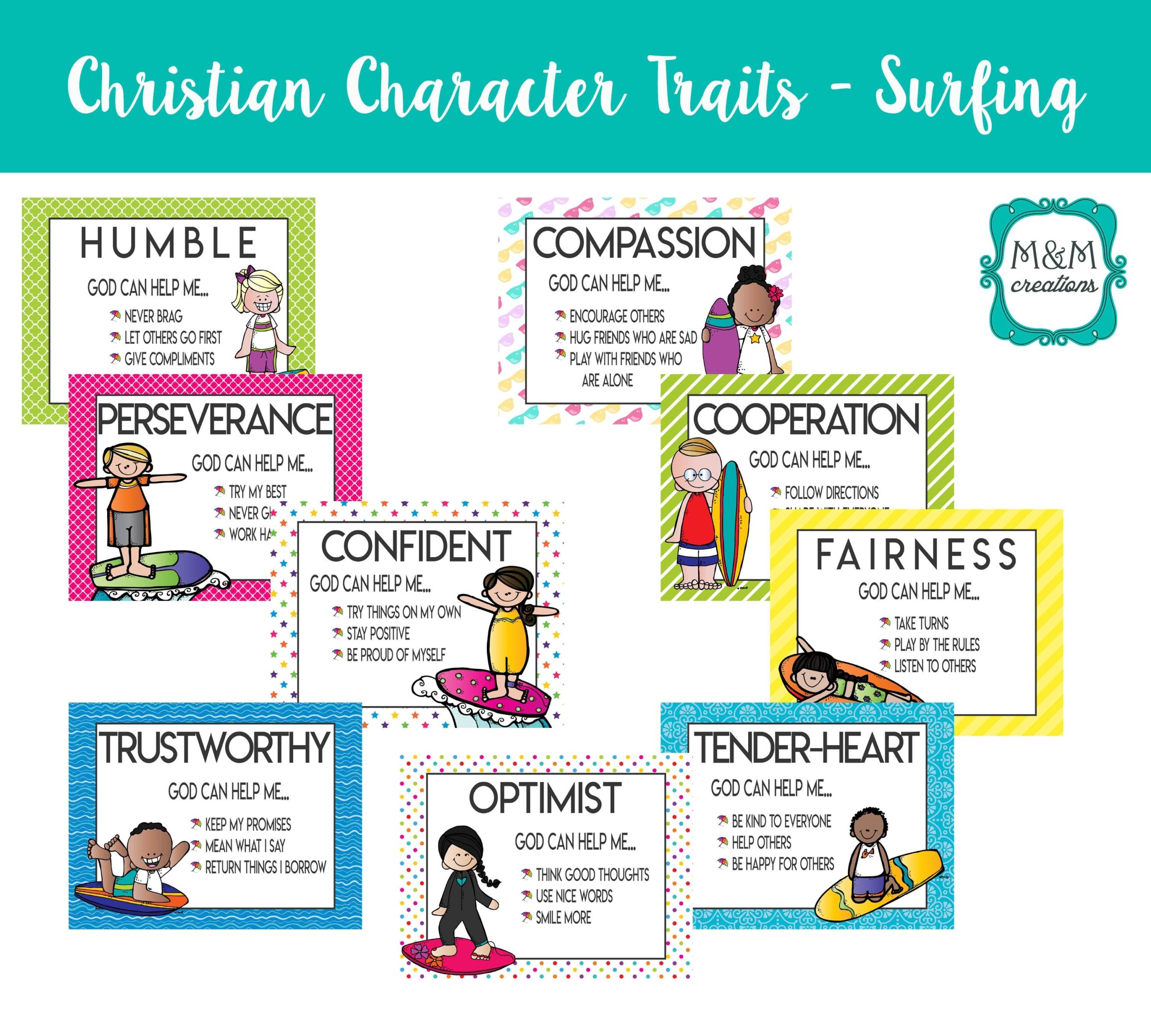 Christian Character Trait Posters Surfing Theme