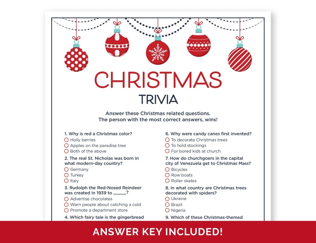 Christmas Trivia Game Printable Holiday Trivia Questions With Answers Christmas Quiz For A Work Holiday Party Family Christmas Party Game Etsy