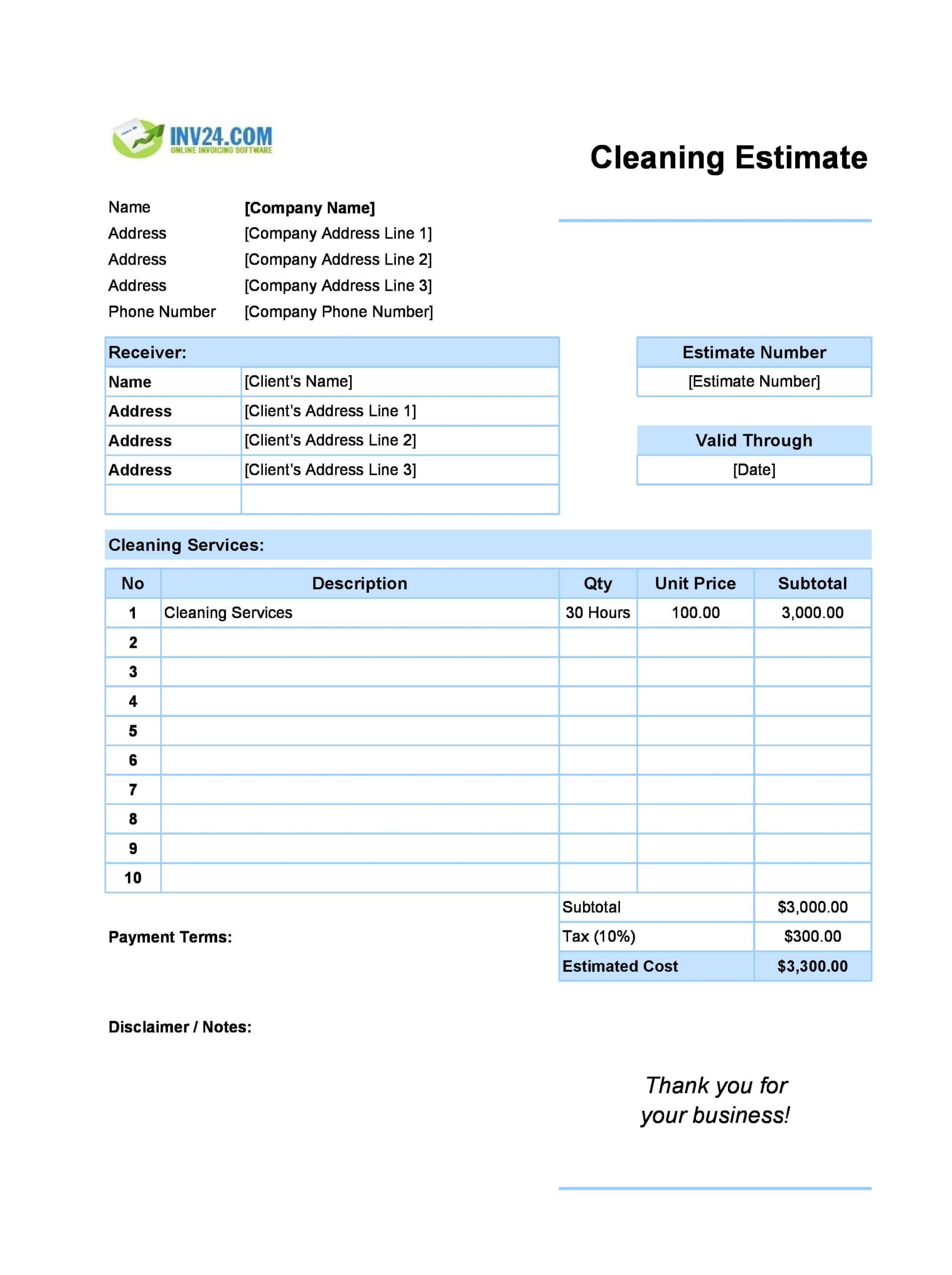 Cleaning Estimate Template Excel Google Sheets 