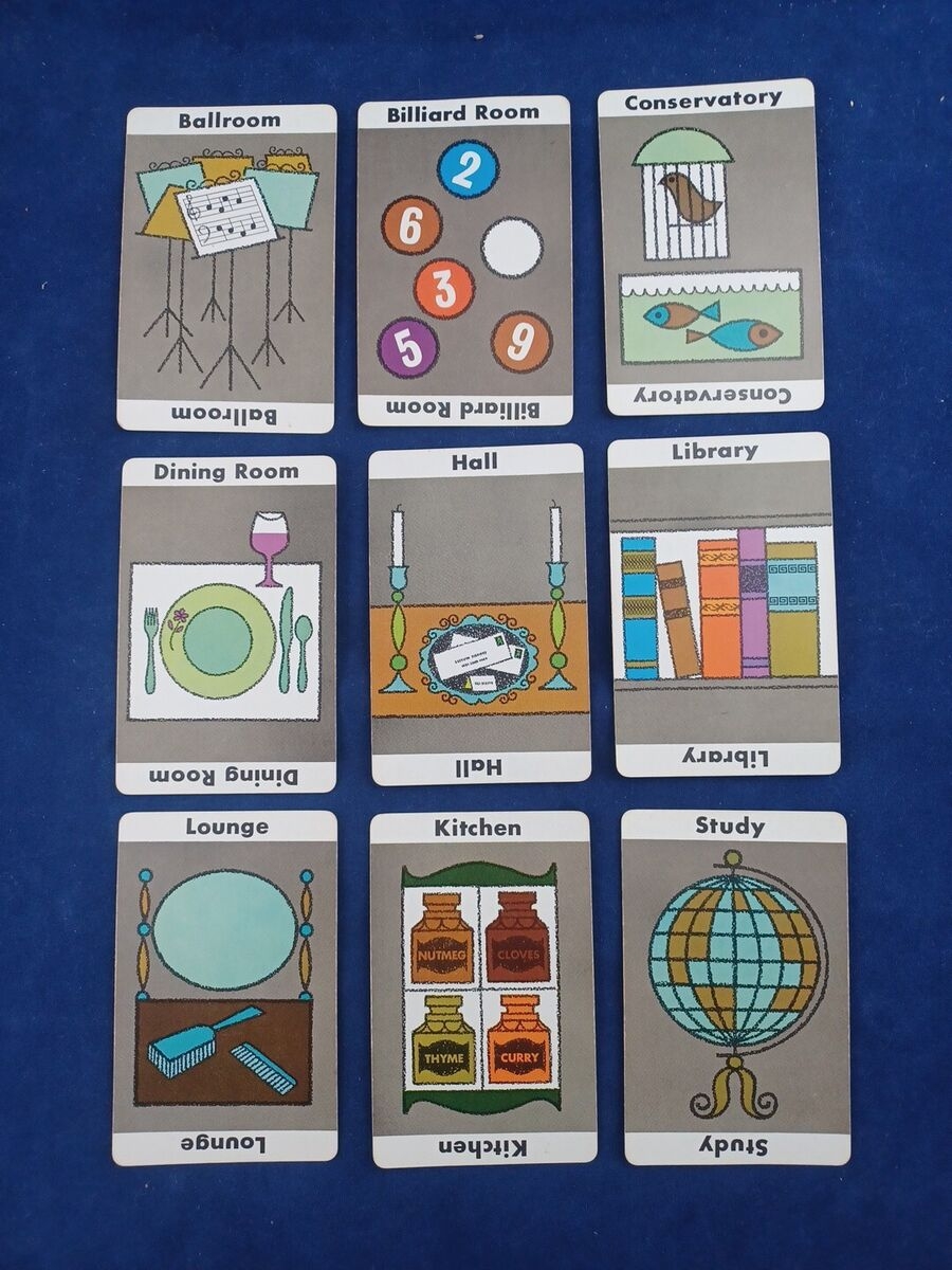 Clue Board Game 1963 Original Room Cards Complete Set Of 9