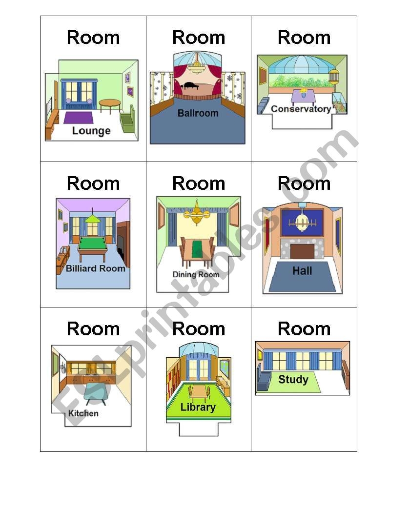 Clue Board Game Cards Rooms ESL Worksheet By Melnoad
