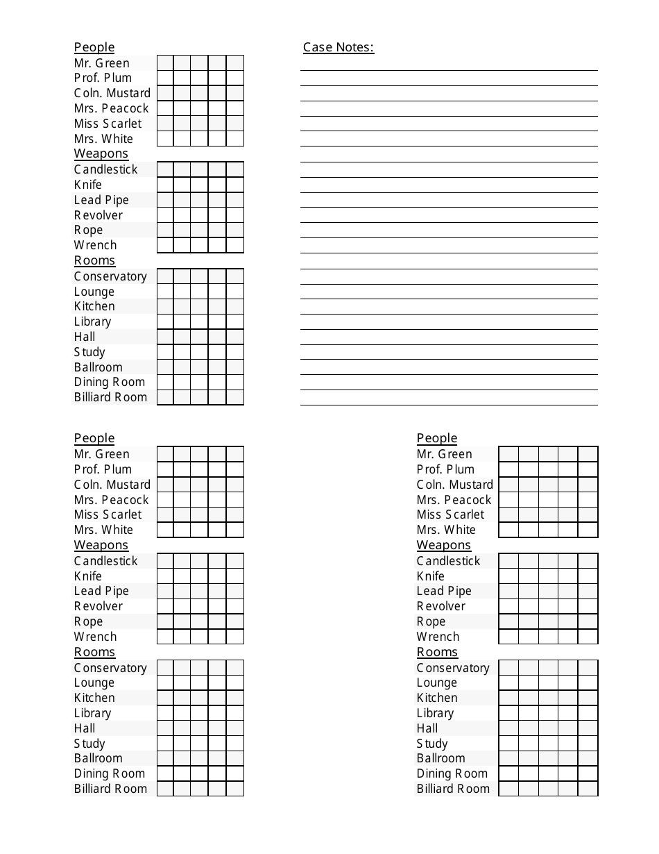 Clue Game Sheet With Case Notes Download Printable PDF 