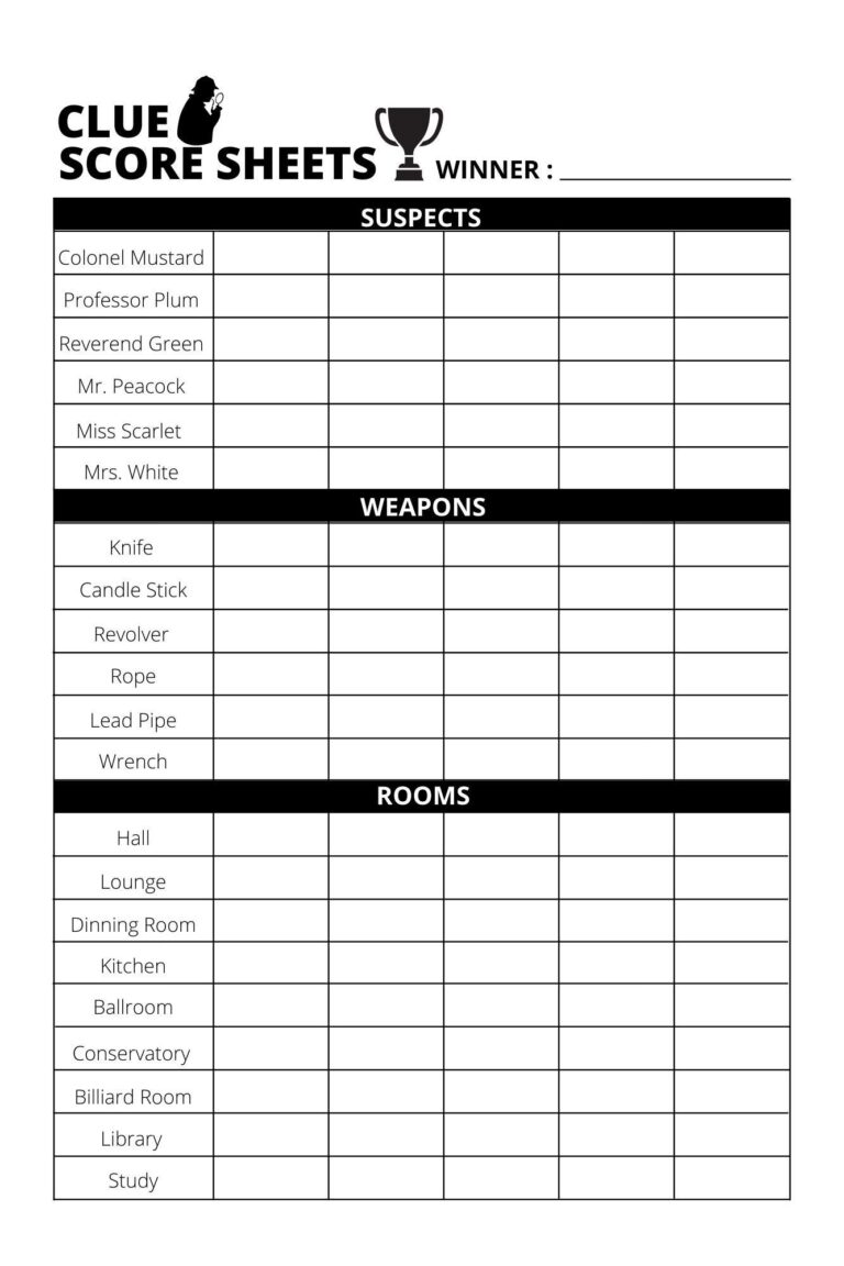 Clue Score Sheet Download Print PDF File