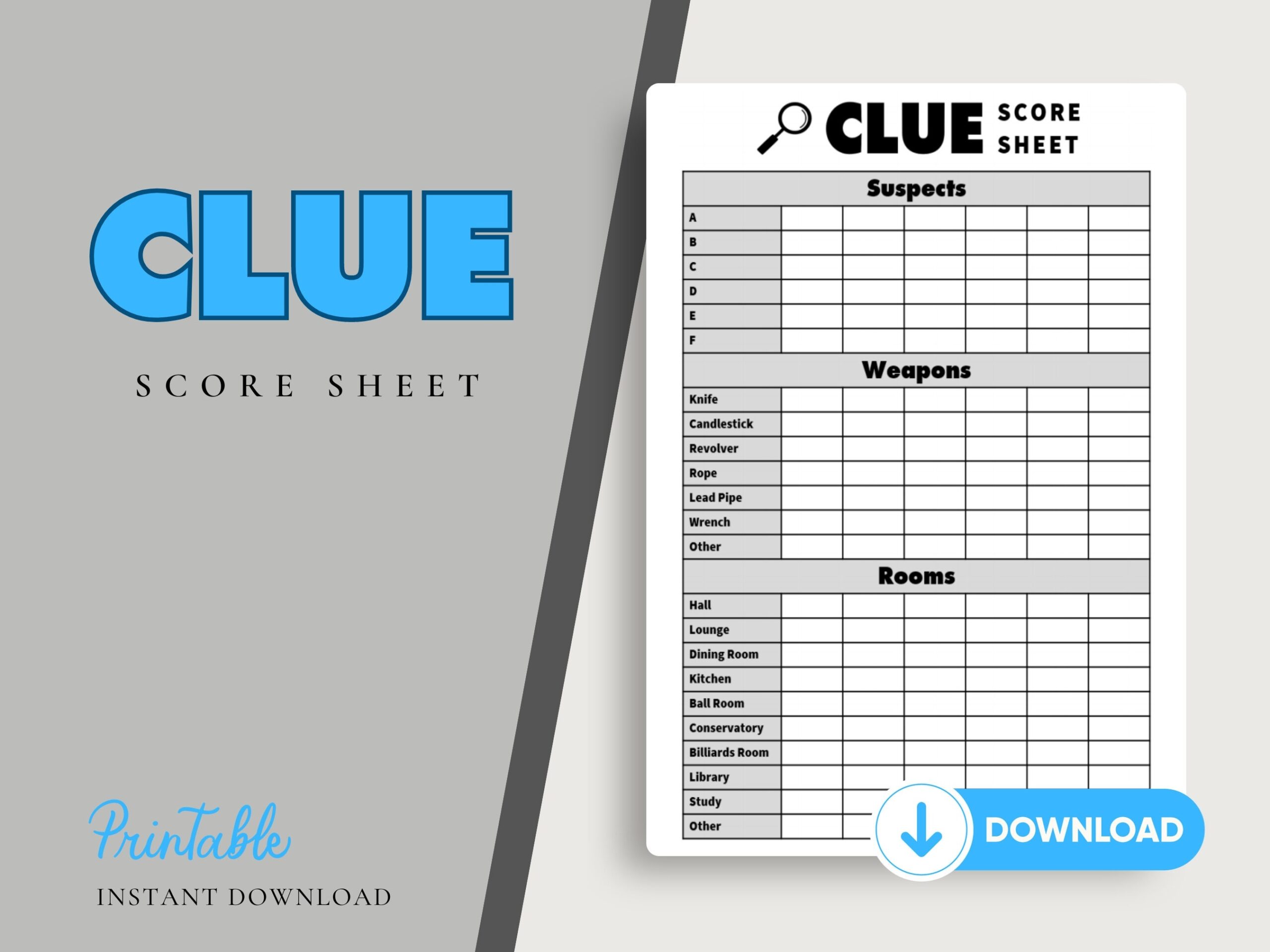 free printable clue game sheets