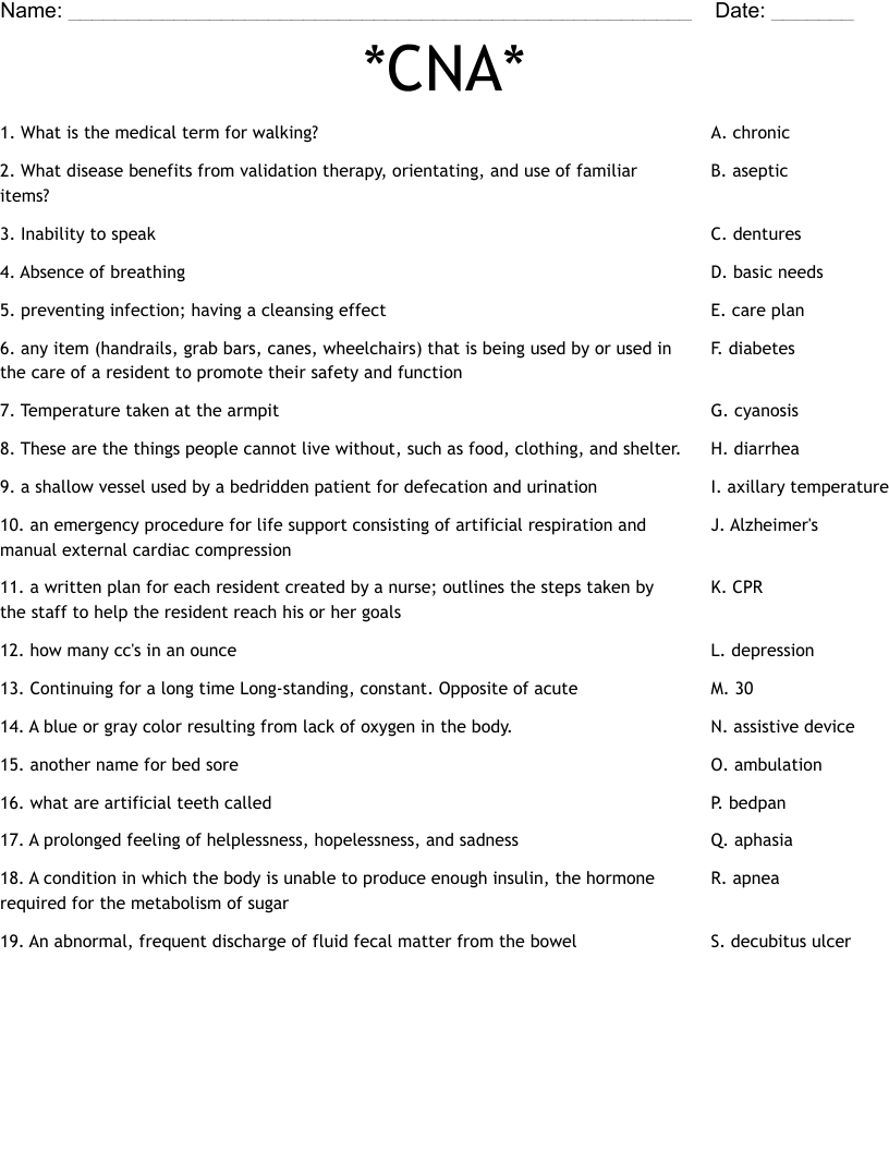 CNA Worksheet WordMint CNA Worksheet WordMint