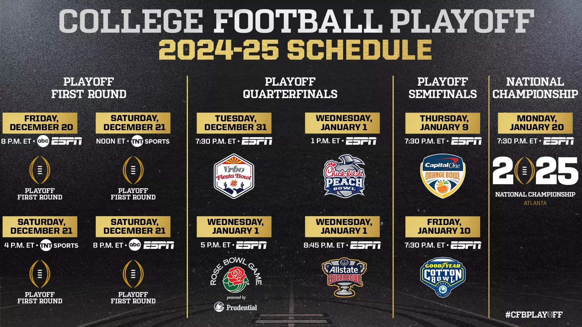 College Football Playoff Announces 2024 25 Kick Times And 